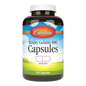 Bottle of Carlson Empty Gelatin #00 Capsules on a white background