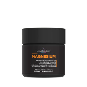 Black supplement jar labeled 'Livingood Daily Magnesium' on a white background