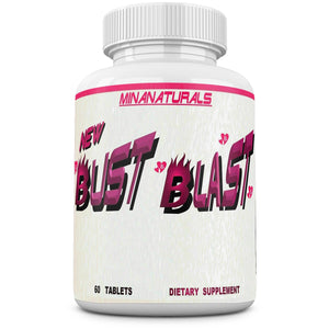 Supplement bottle labeled 'New Bust Blast' by Minanaturals on a white background