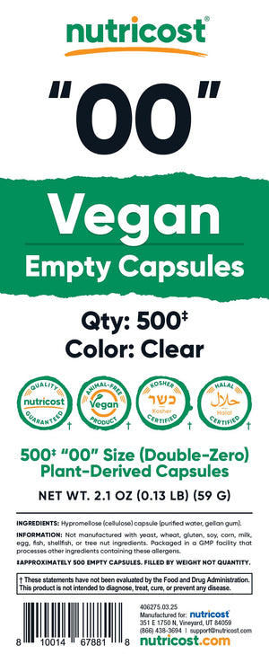 Nutricost Empty Capsules Size 00 Vegan - 500 Clear Empty Plant-Based Capsules - Kosher Certified, Halal Certified, Non-GMO, Soy Free, Gluten Free, Vegetarian Nutricost buy supplements Au