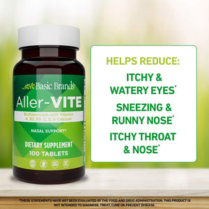 Basic Brands Aller Vite Nasal Support Tablets for Seasonal Allergy Relief, High Bioflavonoid Complex with Vitamins and Calcium, Gluten Free Daily Supplement, 100 Tablets Basic Brands buy supplements Au