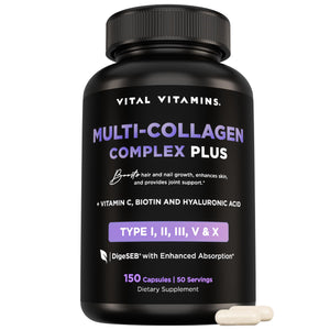 Vital Vitamins Multi Collagen Complex Plus - with Biotin, Hyaluronic Acid, Vitamin C - Type I, II, III, V, X - for Women & Men - Hair, Skin, Nails Beauty Complex - 150 Capsules Vital Vitamins buy supplements Au