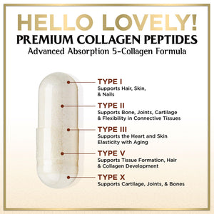 Multi Collagen Peptides for Women & Men - 2400mg per Serving - Best Hydrolyzed Collagen Complex with Type I, II, III, V, X - Hair, Skin, Nails & Joint Support Supplement - Bottled USA - 60 Capsules Hello Lovely! buy supplements Au