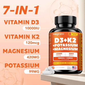 Vitamin D3 K2 (MK-7) 10,000 IU with Magnesium Glycinate & Potassium Supplement - Systemic Complex for Bone, Muscle, Heart, Immune, Energy & Sleep Support – High Absorption, 60 Capsules