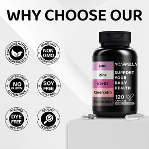 ACAPPELLA N-Acetyl Cysteine Vitamin D3 K2 Zinc Quercetin Sarracenia Purpurea NAC Supplement with Elderberry Holy Basil Bee Propolis Bromelain L-Lysin for Men & Women (1) ACAPPELLA buy supplements Au