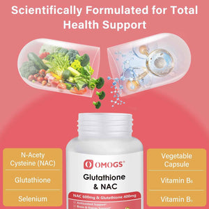 OMOGS Glutathione & NAC Supplement, with vtamin B & Selenium, Supports Liver Health, Cellular, Antioxidant, Energy Production & Immune, Vegan & Gluten-Free, 90 Veg Capsules.