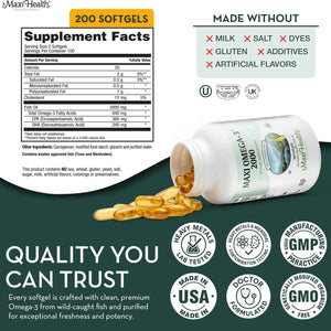 Omega 3 Supplement - Omega-3 Fish Oil 2000mg - Natural Source of EPA & DHA - Heart, & Joint Health - Kosher Certified Wild Caught Marine Fish