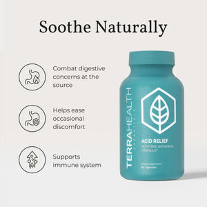 Terra Health Essentials Acid Relief - Plant Based Digestive Support Supplement for Comfortable Gut Function - Lemon Balm, Slippery Elm, Aloe Vera, DGL Licorice - 60 Capsules Terra Health Essentials buy supplements Au