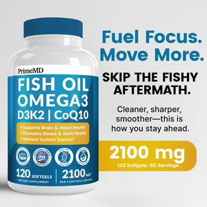 4-in-1 Fish Oil Omega 3 Fatty Supplements (2100mg) - Omega 3 Fish Oil with Vitamins D3 K2 and CoQ10 - Lemon Flavored (120 softgels) PrimeMD buy supplements Au