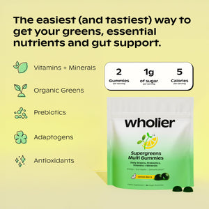 wholier Daily Supergreens Gummies, Greens Supplement with Prebiotics, Fiber, Adaptogens, Vegan Multivitamin, 9 Essential Vitamins + Minerals, 1g Sugar, 2 Gummy Serving (60 Gummies, 30 Day Supply) wholierĀ buy supplements Au