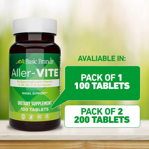 Basic Brands Aller Vite Nasal Support Tablets for Seasonal Allergy Relief, High Bioflavonoid Complex with Vitamins and Calcium, Gluten Free Daily Supplement, 100 Tablets Basic Brands buy supplements Au