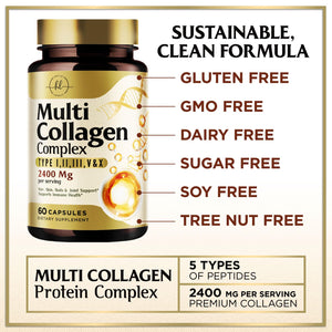 Multi Collagen Peptides for Women & Men - 2400mg per Serving - Best Hydrolyzed Collagen Complex with Type I, II, III, V, X - Hair, Skin, Nails & Joint Support Supplement - Bottled USA - 60 Capsules Hello Lovely! buy supplements Au
