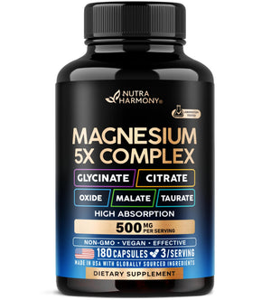 Supplement bottle labeled 'Magnesium 5X Complex' by Nutra Harmony on a white background