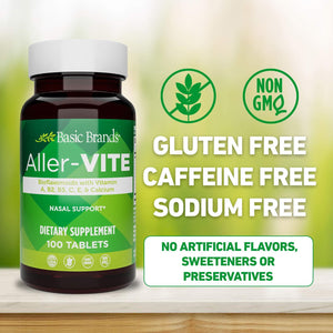 Basic Brands Aller Vite Nasal Support Tablets for Seasonal Allergy Relief, High Bioflavonoid Complex with Vitamins and Calcium, Gluten Free Daily Supplement, 100 Tablets Basic Brands buy supplements Au