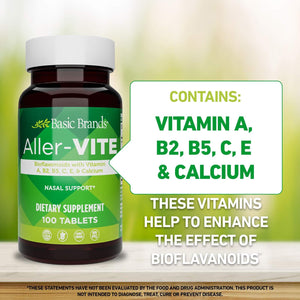 Basic Brands Aller Vite Nasal Support Tablets for Seasonal Allergy Relief, High Bioflavonoid Complex with Vitamins and Calcium, Gluten Free Daily Supplement, 100 Tablets Basic Brands buy supplements Au