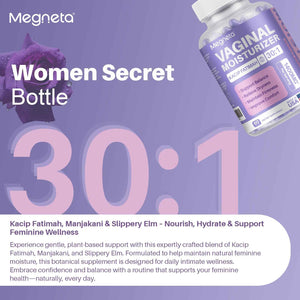 MEGNETA Vaginal Moisturizer, Kacip Fatimah 1,000mg & Manjakni 200mg for Female Health, Slippery Elm for Women, Vegan, 120 Capsules