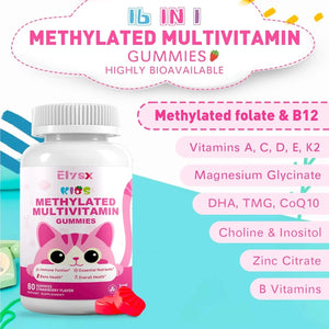 Elysx Kids Methylated Multivitamin Chewable Gummies, MTHFR Supplement with L Methylfolate, Magnesium, Biotin, Choline Elysx