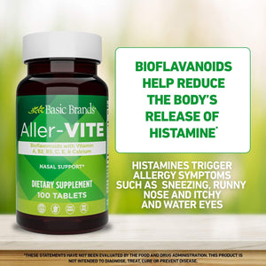 Basic Brands Aller Vite Nasal Support Tablets for Seasonal Allergy Relief, High Bioflavonoid Complex with Vitamins and Calcium, Gluten Free Daily Supplement, 100 Tablets Basic Brands buy supplements Au