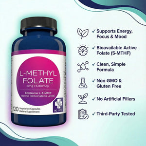 MD Life L-Methylfolate 5 mg Supplement - Professional-Grade Active L Methylfolate Supplement - 120 Capsules - L-Methylfolate 5mg - Maximum Potency MTHFR W/Essential Amino Acids MD.LIFEBuy Supplements Australia