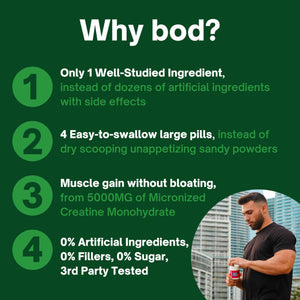 Bod Creatine Monohydrate Capsules – 45 Servings (4 Capsules = 5 g) – Ultra-Pure 200 Mesh Creatine Monohydrate – Strength