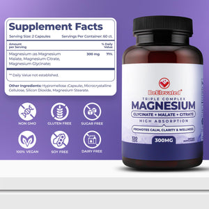 BeElevated High Absorption Triple Magnesium Complex for Sleep, Relaxation & Muscle Support – 300mg of Magnesium Glycinate, Citrate & Malate – Gentle on Stomach – Non-GMO, Vegan – 120 Capsules BeElevated buy supplements Au