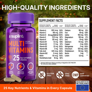 Multivitamin Supplement | Complex with Vitamin A, C, D, E, K1, B, Zinc & Chromium | Hair, Skin & Nail Beauty Vitamins | Immune Support Supplements for Men & Women | 60 Capsules SUPLINT buy supplements Au