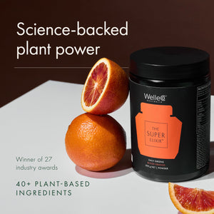 WelleCo The Super Elixir Daily Greens Powder, Probiotic Drink Mix with Whole Foods, Gluten Free, Vegan Gut Health Powder, Energy, Immunity, Healthy Skin, Hair & Nails (Jar, Blood Orange) WelleCo buy supplements Au