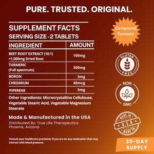 Body Support Tablets – Beet Root Extract, Turmeric Boron & Chromium – Supports Inflammation, Circulation, Hormonal Balance & Metabolic Function – 60ct - 30 Servings True Life Therapeutics buy supplements Au