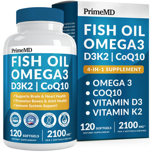 4-in-1 Fish Oil Omega 3 Fatty Supplements (2100mg) - Omega 3 Fish Oil with Vitamins D3 K2 and CoQ10 - Lemon Flavored (120 softgels) PrimeMD buy supplements Au