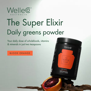 WelleCo The Super Elixir Daily Greens Powder, Probiotic Drink Mix with Whole Foods, Gluten Free, Vegan Gut Health Powder, Energy, Immunity, Healthy Skin, Hair & Nails (Jar, Blood Orange) WelleCo buy supplements Au