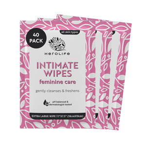 HEROLIFE Personal Wipes for Feminine Care, Single Use To Go, Plant-Based, 1 pack of 40 Single