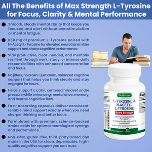 Max Strength L Tyrosine Supplement & N Acetyl L Tyrosine Peak Focus, Alertness, Concentration, Body & Mind Energy. L-Tyrosine 850mg Per 1 Capsule. A Well-Being Nutrient Boost For Performance BioWisdom Nutraceuticals buy supplements Au