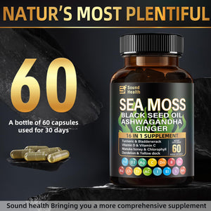 Sea Moss Capsules with Ashwagandha, Turmeric, Bladderwrack, Vitamins C & D for Natural Energy, Sleep Support & Hair Growth, 1200mg Herbal Blend, for Man & Women, Third-Party Tested,16-in-1 Supplement SoundHealthBuy Supplements Australia