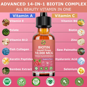 Pure Biotin 10000mcg Liquid Drop Optimal Solutions Hair Skin & Nails Vitamins Support w. Collagen Keratin Hyaluronic Acid Saw Palmetto, Biotin(Vitamin B7) for Hair Growth & Cellular Energy JUIWEFKKBuy Supplements Australia