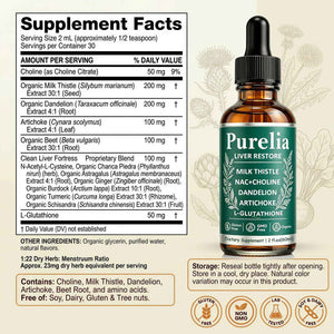 Purelia Liver Restore, 2.02FL OZ Liver Restore Drops, Complete Liver Support Supplement with Milk Thistle, Dandelion Root, L-Glutathione & Choline for Natural Balance & Liver Cleanse