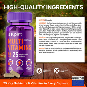Multivitamin Supplement | Complex with Vitamin A, C, D, E, K1, B, Zinc & Chromium | Hair, Skin & Nail Beauty Vitamins | Immune Support Supplements for Men & Women | 60 Capsules SUPLINT buy supplements Au
