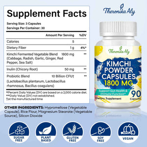 Kimchi Probiotic Capsules, Fermented Kimchi Powder with 10 Billion CFU Probiotics & Prebiotic Inulin, Gut Health & Digestive Support, Fermented Vegetable