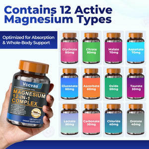 Magnesium Complex 700mg – 12-in-1 Magnesium Supplement with Glycinate, Citrate, Malate, Oxide, Taurate & More – High Absorption for Muscle, Heart, Sleep, Bone, Nerve Support –120 Capsules (1 Pack) Vccvaa buy supplements Au