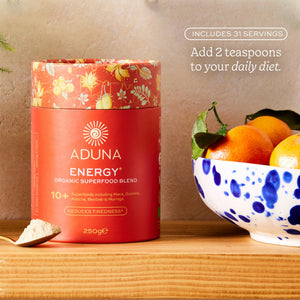 Aduna Organic Energy Superfood Blend | 100% Natural Stir-in Blend With 10+ Superfoods for Natural Energy, Focus & Reduced Tiredness | Vegan Powder for Yogurt, Juices, & Smoothies | 250g Aduna buy supplements Au