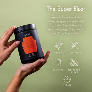 WelleCo The Super Elixir Daily Greens Powder, Probiotic Drink Mix with Whole Foods, Gluten Free, Vegan Gut Health Powder, Energy, Immunity, Healthy Skin, Hair & Nails (Jar, Blood Orange) WelleCo buy supplements Au