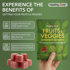 Fruits & Veggies Sugar-Free Gummies - 27 Whole Foods - Equals 3 Servings of Fruits & Vegetables - Improve Energy, Focus & Immune Function - Fiber - Antioxidants - Organic Ingredients - 14 Packets Healthy One buy supplements Au