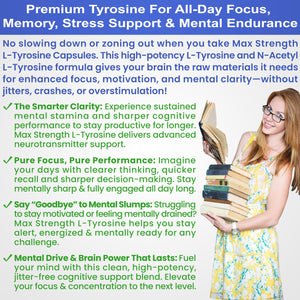 Max Strength L Tyrosine Supplement & N Acetyl L Tyrosine Peak Focus, Alertness, Concentration, Body & Mind Energy. L-Tyrosine 850mg Per 1 Capsule. A Well-Being Nutrient Boost For Performance BioWisdom Nutraceuticals buy supplements Au