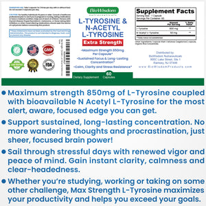 Max Strength L Tyrosine Supplement & N Acetyl L Tyrosine Peak Focus, Alertness, Concentration, Body & Mind Energy. L-Tyrosine 850mg Per 1 Capsule. A Well-Being Nutrient Boost For Performance BioWisdom Nutraceuticals buy supplements Au