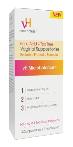 vH essentials Boric Acid + Tea Tree Vaginal Suppositories - Prebiotics Formula with Lactic Acid