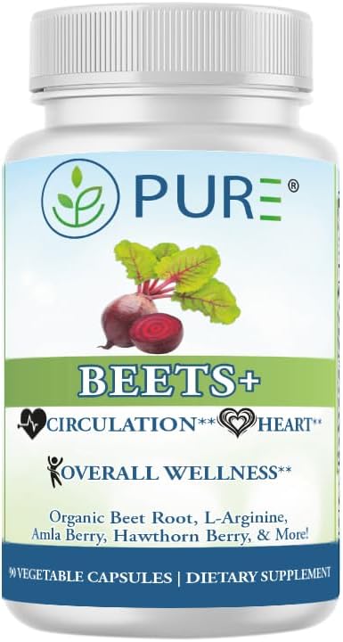 PURE Beets+ Organic Beet Root Capsules - 900mg - 90 Count, 30 Servings - Blood Pressure & Circulation Support Supplement - with L-Arginine, Hawthorn Berry & B12 - Cardiovascular Health - Made in USA