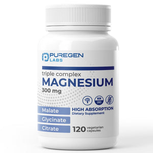 Supplement bottle labeled 'Triple Complex Magnesium' by Puregen Labs on a white background