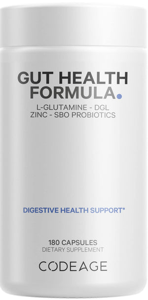 Codeage Gut Health Supplements Vegan Formula - L Glutamine, Zinc, Turkey Tail Mushroom Powder, Tonic Mushroom, Maitake, Micro Algae, Mineral, Licorice Root DGL - Probiotics, Prebiotics - 180 Capsules CodeageBuy Supplements Australia