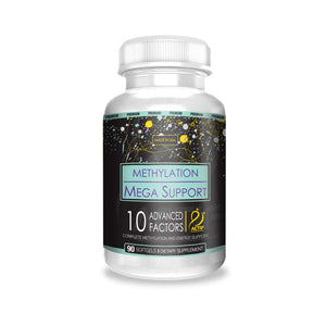 Supplement bottle labeled 'Methylation Mega Support' on a white background
