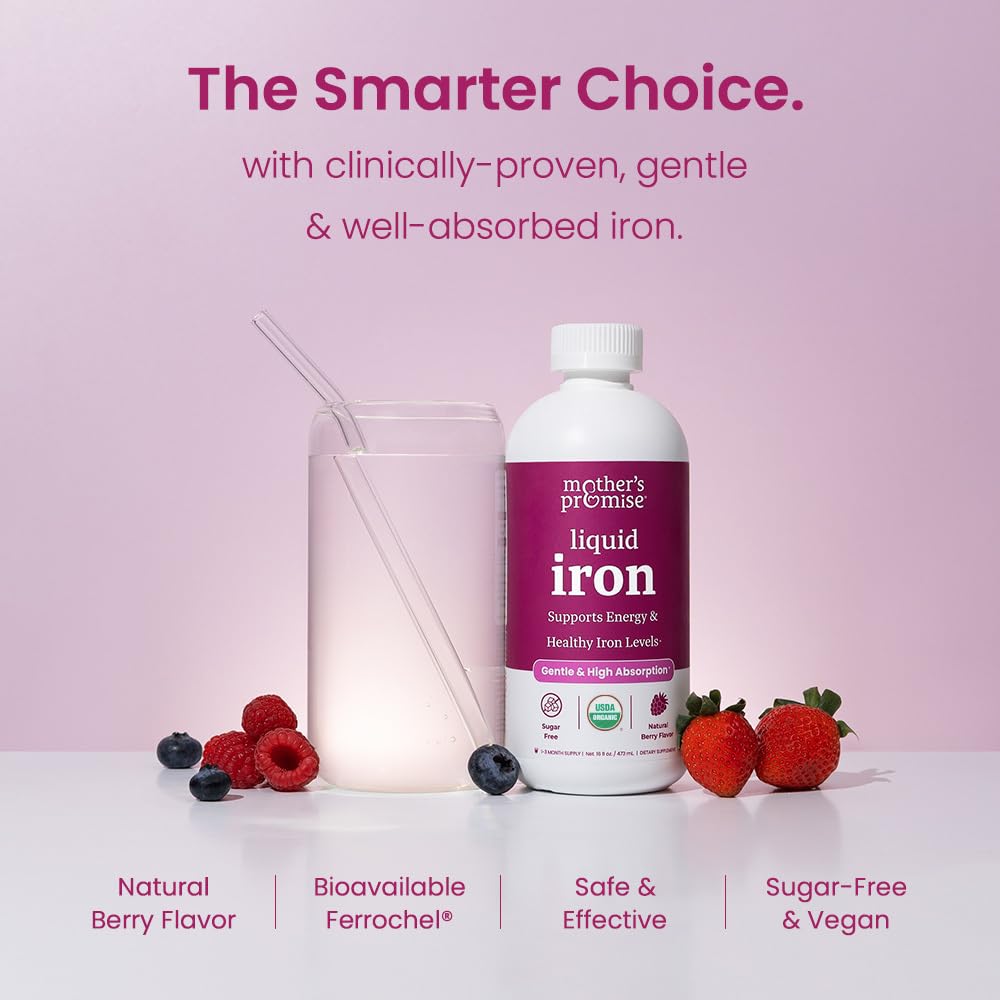 Organic Liquid Iron Supplement for Women, Men & Kids with Vitamin C - Sugar Free Natural Berry Flavor Non Constipating Vegan Ferrochel
