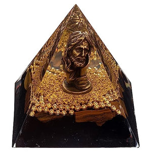 FENGSHUI-CAISHEN Mini Jesus Figurine in Healing Crystal Orgone Pyramid - Obsidian Tiger's Eye